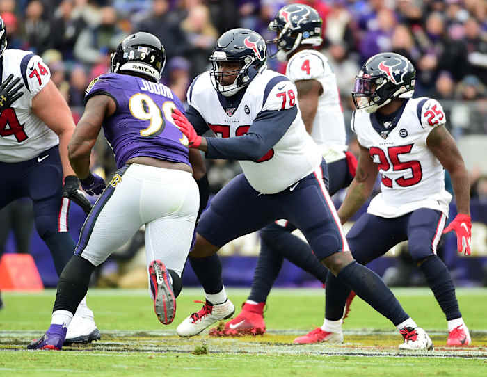 Houston Texans offensive tackle Laremy Tunsil (78) defends Baltimore Ravens linebacker Matthew Judon (99) at M&T Bank Stadium in a 2019 game.